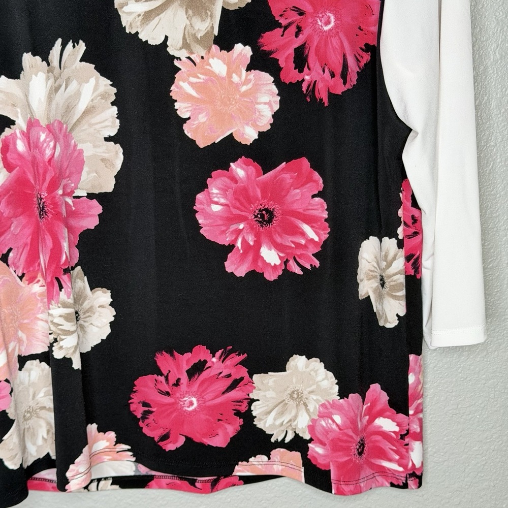 Calvin Klein Black Floral Top White Contrast Panels Gold Zip Stretch Blouse L‎ - Picture 5 of 10
